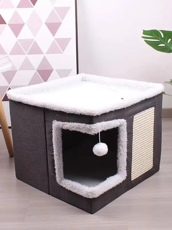 Cat Beds For Indoor Cats - Large Cat Cave For Pet Cat House With Fluffy Ball Hanging And Scratch Pad, Foldable Cat Hideaway, 16.5x16.5x13 Inches, Grey