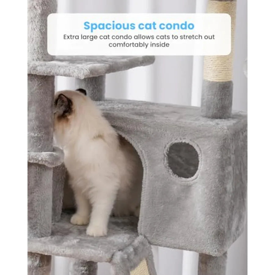 Cat Tree Tower for indoor use, plush fabric and wood, gray, multi-level design with padded platform bed and hammock for comfort