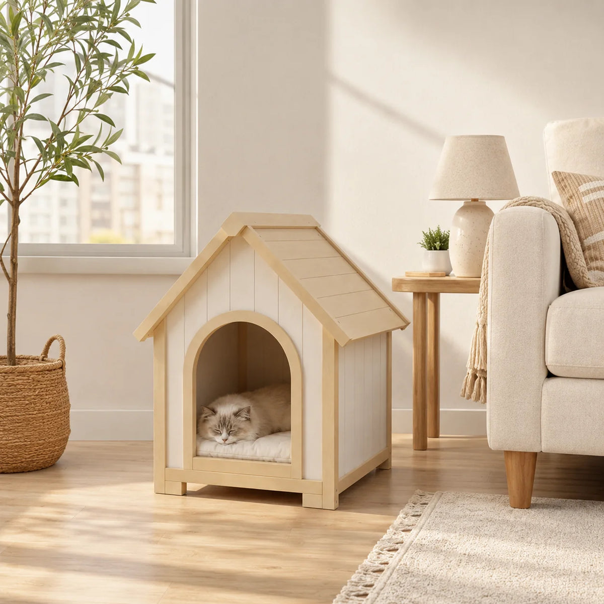 Indoor Wooden Dog House for Small Dogs and Cats Pet House with Cushion Modern Furniture Style Cozy Sleeping Shelter Home Decor