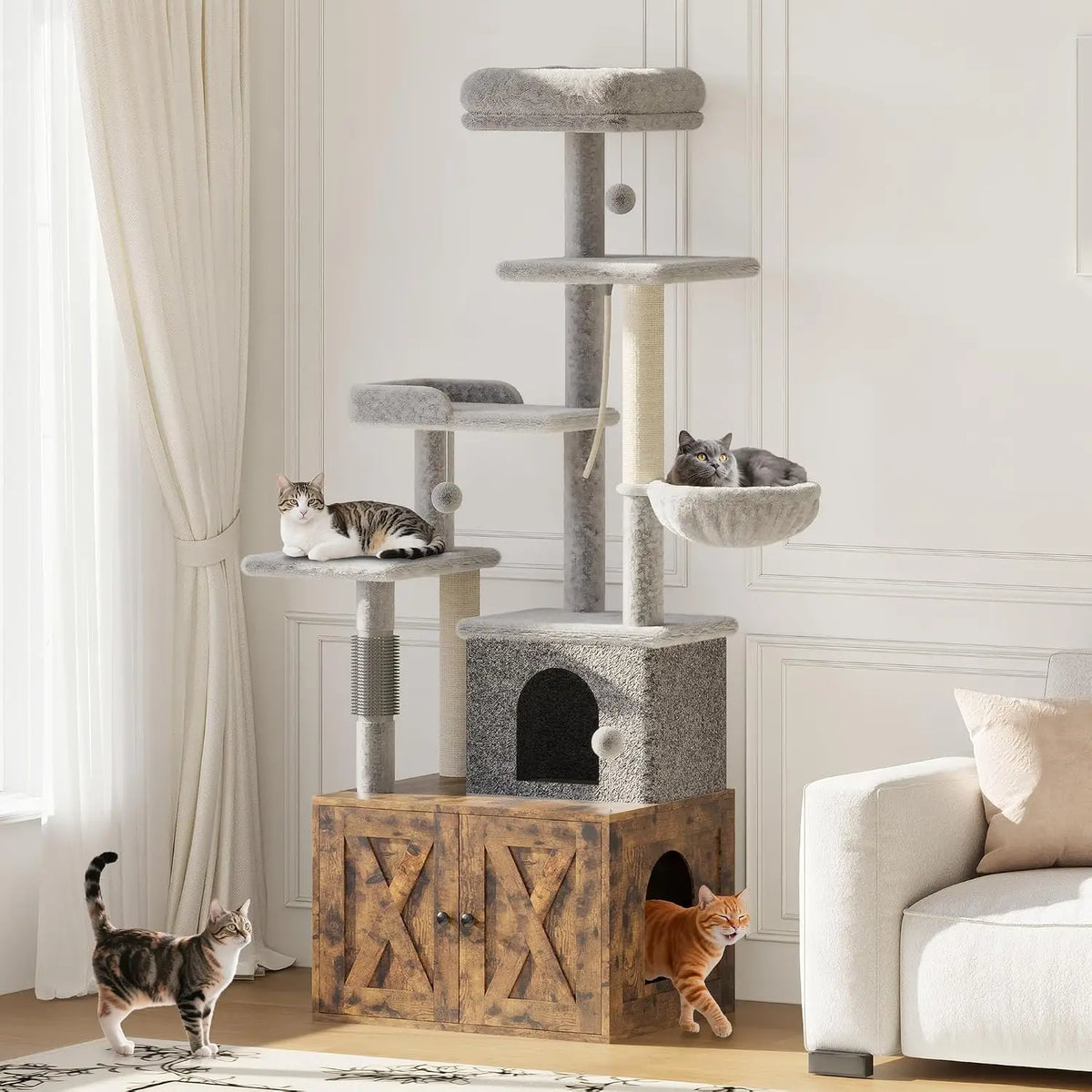 Tacleekii 55'' Multi Level Cat Tree with Litter Box Enclosure Sisal Scratching Post Multi‑Level Cat Tower Scratching Posts, Hammock, Condo & Perches for Indoor Cats