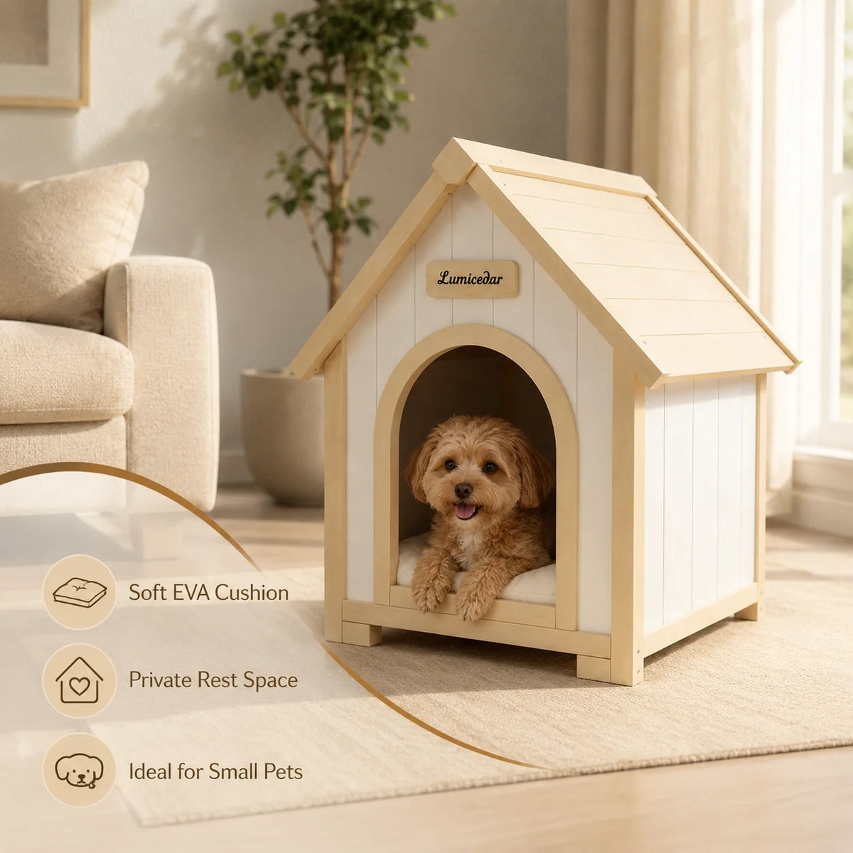 Indoor Wooden Dog House for Small Dogs and Cats Pet House with Cushion Modern Furniture Style Cozy Sleeping Shelter Home Decor
