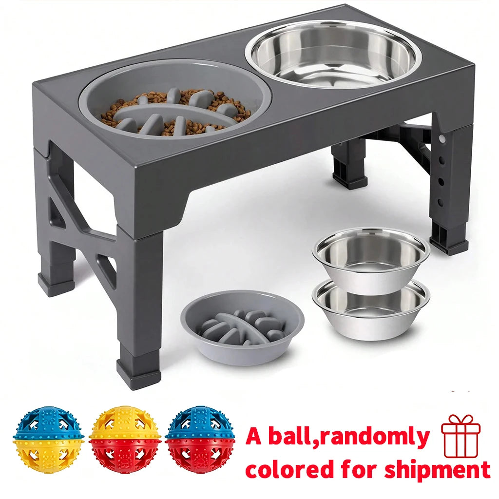 Elevated Dog Bowls and Stand Adjustable Height with Slow Feeder and a ball, Anti-Slip Raised Pet Feeder for Large Medium Small Dogs, Stainless Steel Water Food Dish Set