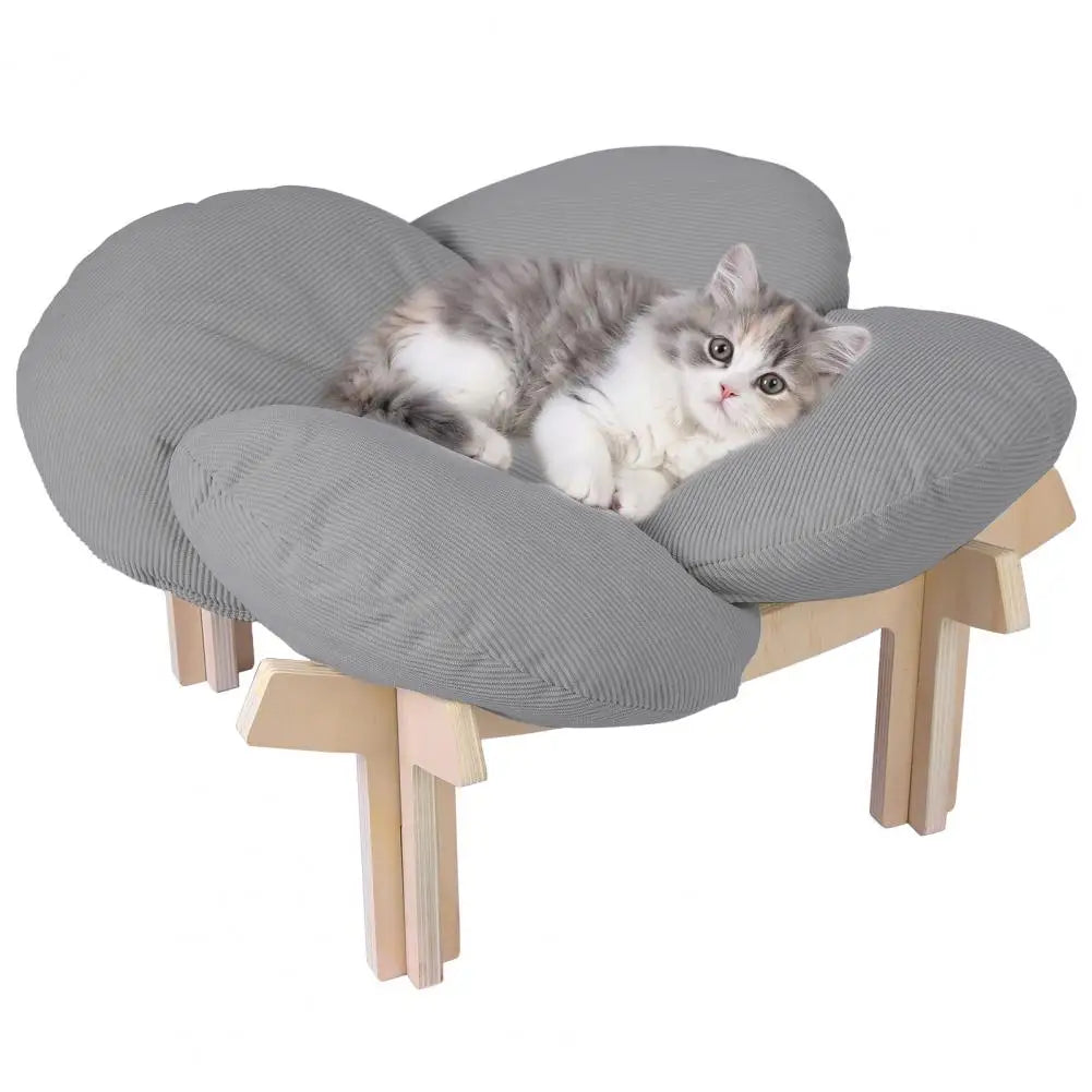 Petal‑Shaped Elevated Wooden Cat Bed Sofa, Raised Pet Lounge Chair with Removable Fluffy Cushion 40lbs Capacity Cats Puppy