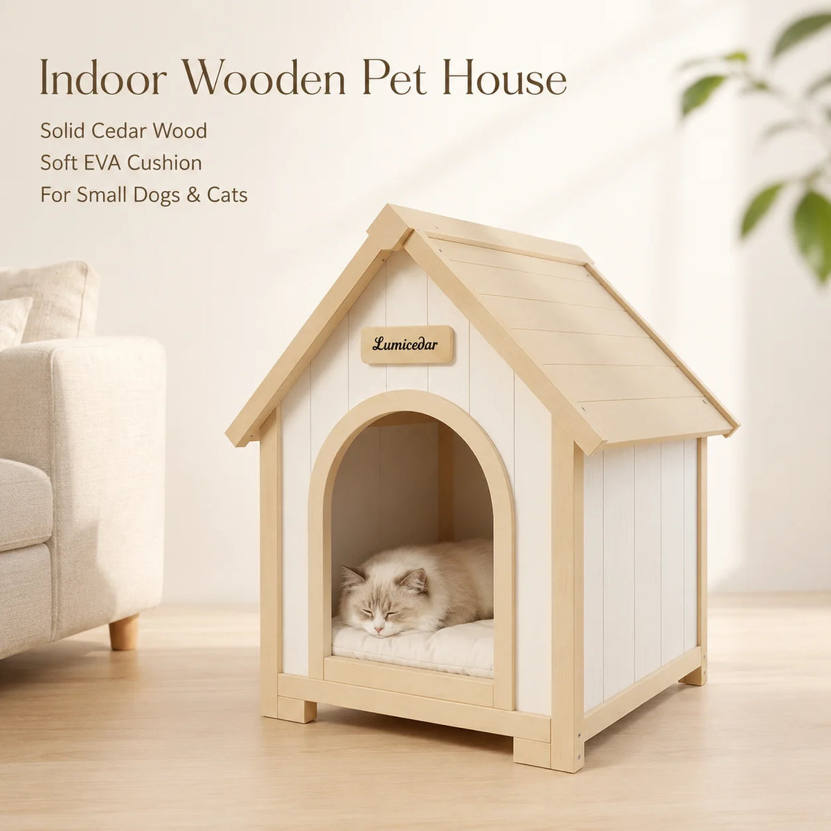Indoor Wooden Dog House for Small Dogs and Cats Pet House with Cushion Modern Furniture Style Cozy Sleeping Shelter Home Decor