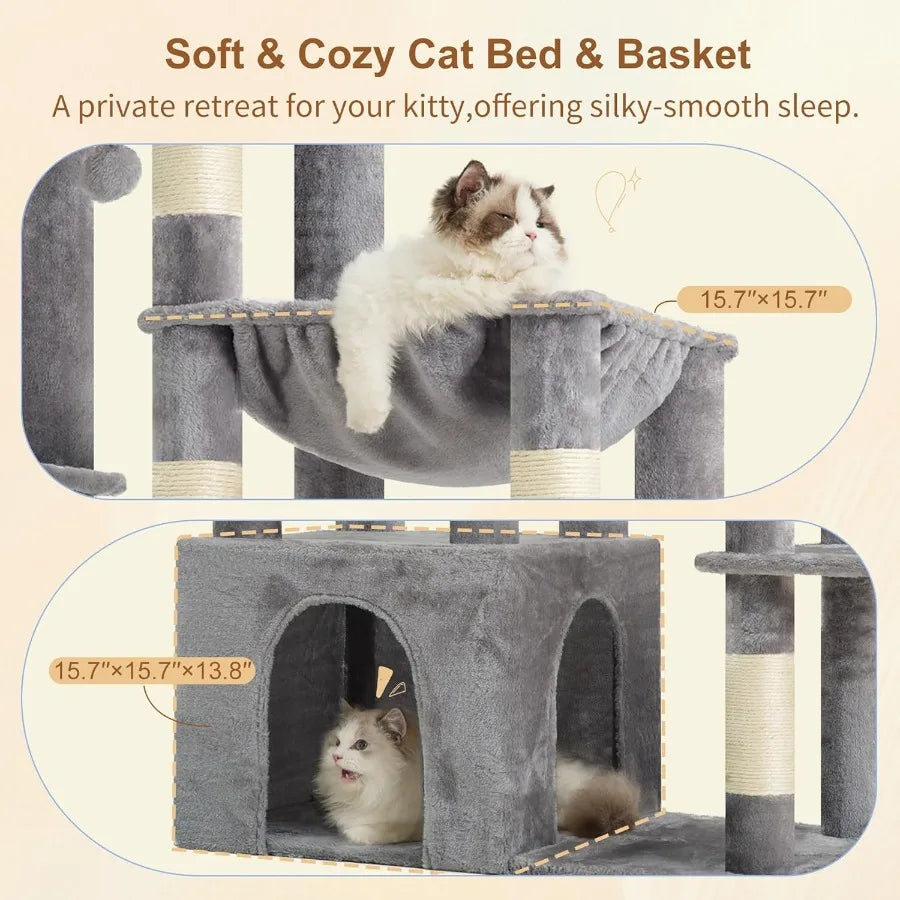 Heavy Duty Cat Tree, Tower For Indoor Cats Large Adult, Tall Cat Condo House With Extra-Large Baseboard, Multi-Level Plus