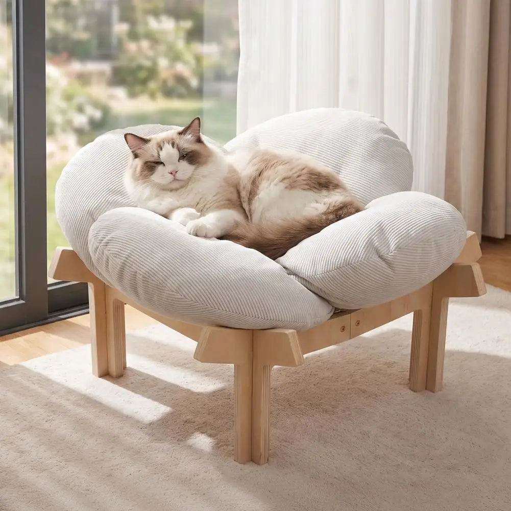 Petal‑Shaped Elevated Wooden Cat Bed Sofa, Raised Pet Lounge Chair with Removable Fluffy Cushion 40lbs Capacity Cats Puppy
