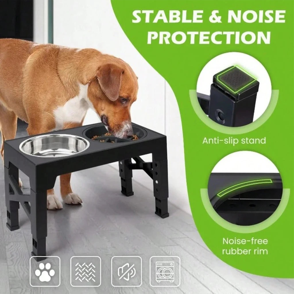 Elevated Dog Bowls and Stand Adjustable Height with Slow Feeder and a ball, Anti-Slip Raised Pet Feeder for Large Medium Small Dogs, Stainless Steel Water Food Dish Set