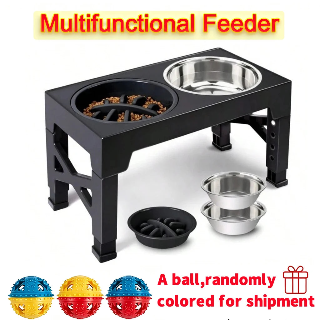 Elevated Dog Bowls and Stand Adjustable Height with Slow Feeder and a ball, Anti-Slip Raised Pet Feeder for Large Medium Small Dogs, Stainless Steel Water Food Dish Set