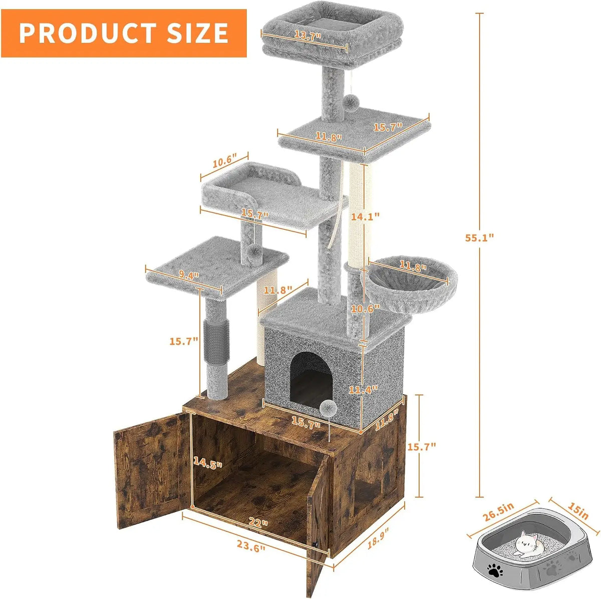 Tacleekii 55'' Multi Level Cat Tree with Litter Box Enclosure Sisal Scratching Post Multi‑Level Cat Tower Scratching Posts, Hammock, Condo & Perches for Indoor Cats
