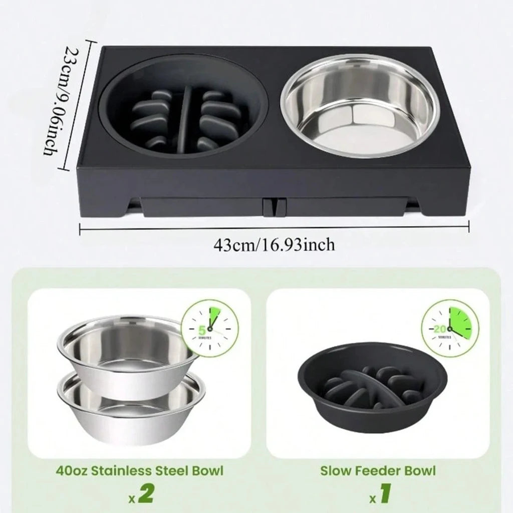 Elevated Dog Bowls and Stand Adjustable Height with Slow Feeder and a ball, Anti-Slip Raised Pet Feeder for Large Medium Small Dogs, Stainless Steel Water Food Dish Set
