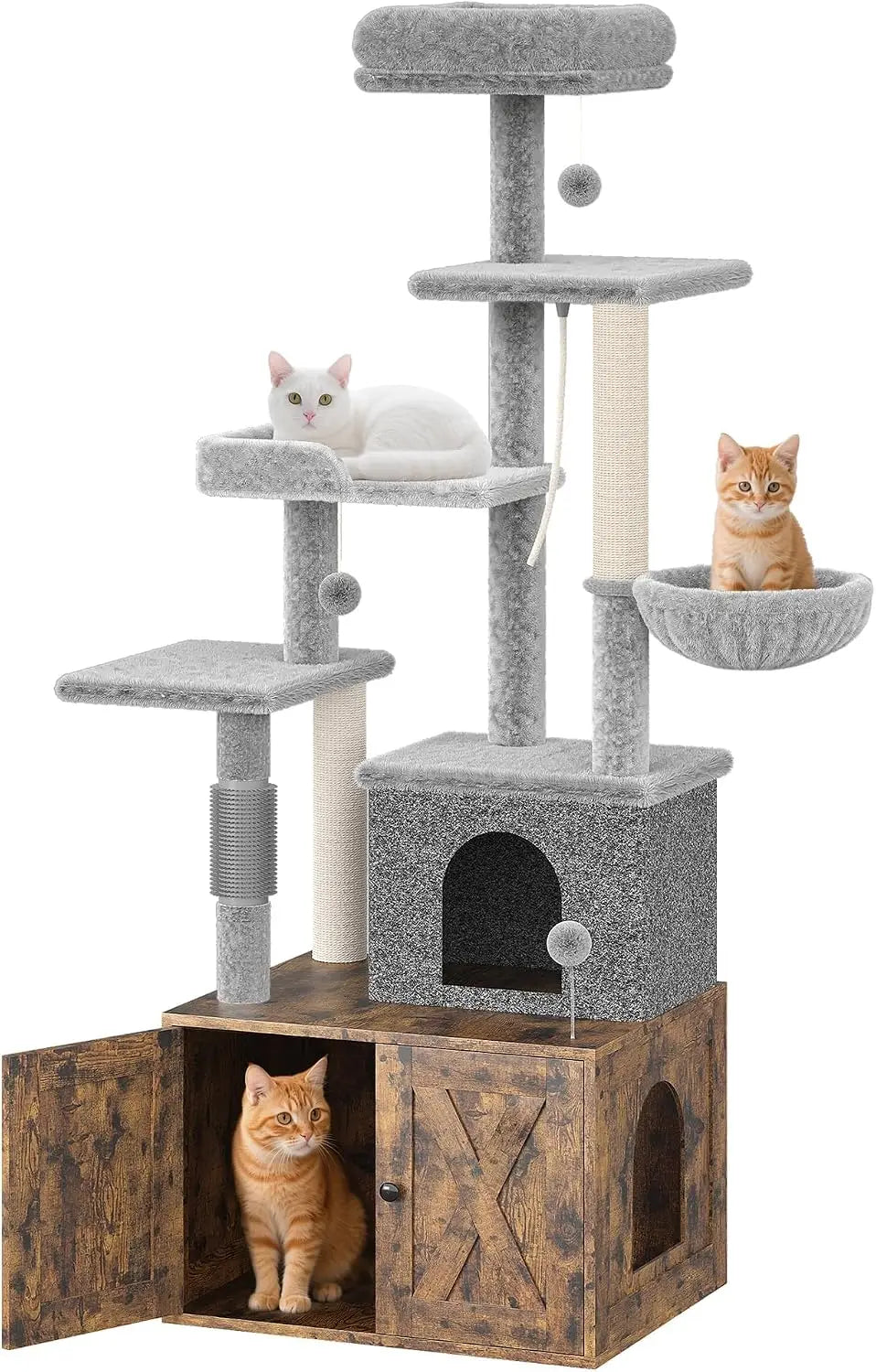 Tacleekii 55'' Multi Level Cat Tree with Litter Box Enclosure Sisal Scratching Post Multi‑Level Cat Tower Scratching Posts, Hammock, Condo & Perches for Indoor Cats