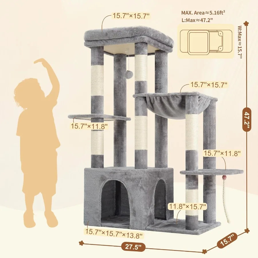 Heavy Duty Cat Tree, Tower For Indoor Cats Large Adult, Tall Cat Condo House With Extra-Large Baseboard, Multi-Level Plus