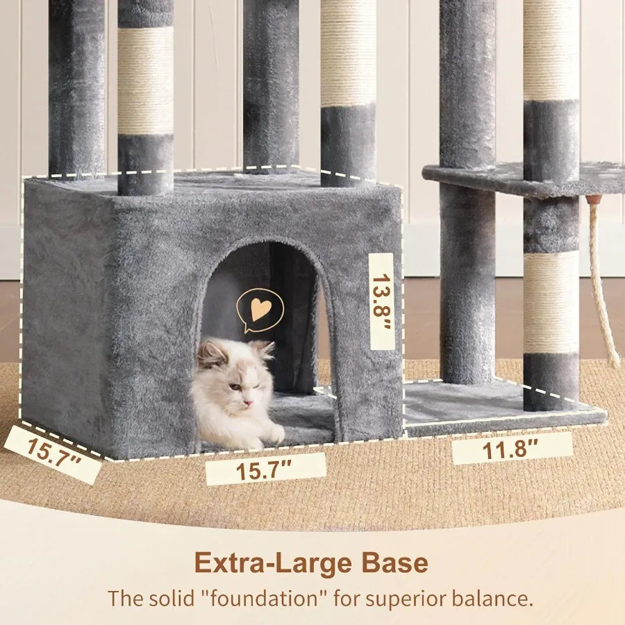 Heavy Duty Cat Tree, Tower For Indoor Cats Large Adult, Tall Cat Condo House With Extra-Large Baseboard, Multi-Level Plus