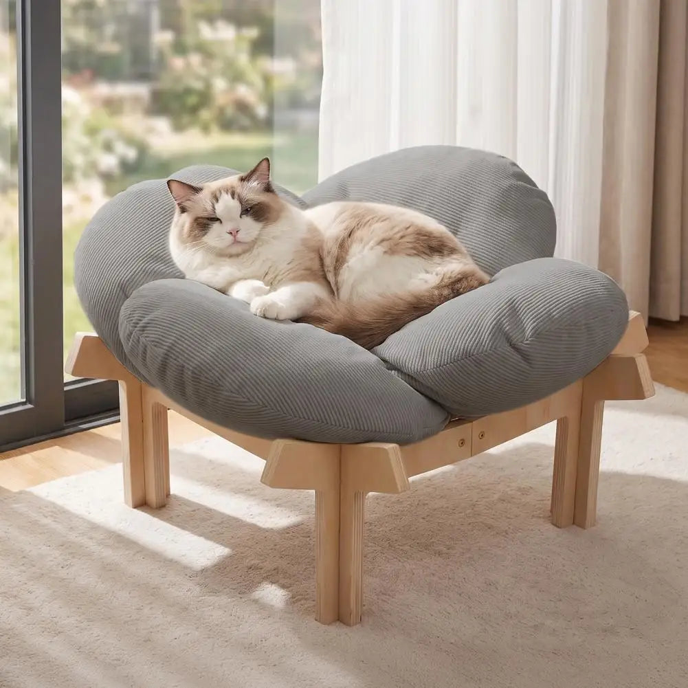 Petal‑Shaped Elevated Wooden Cat Bed Sofa, Raised Pet Lounge Chair with Removable Fluffy Cushion 40lbs Capacity Cats Puppy