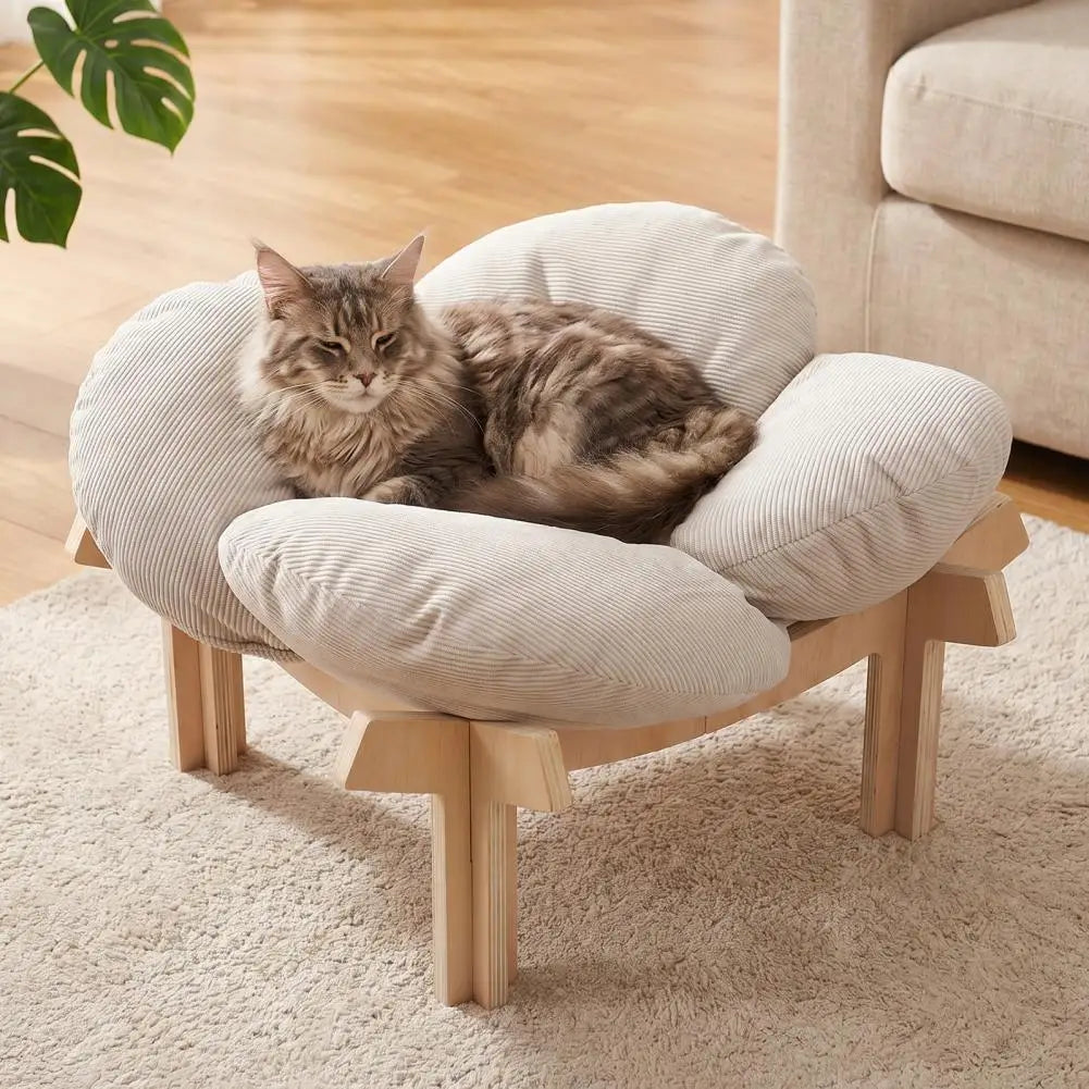 Petal‑Shaped Elevated Wooden Cat Bed Sofa, Raised Pet Lounge Chair with Removable Fluffy Cushion 40lbs Capacity Cats Puppy
