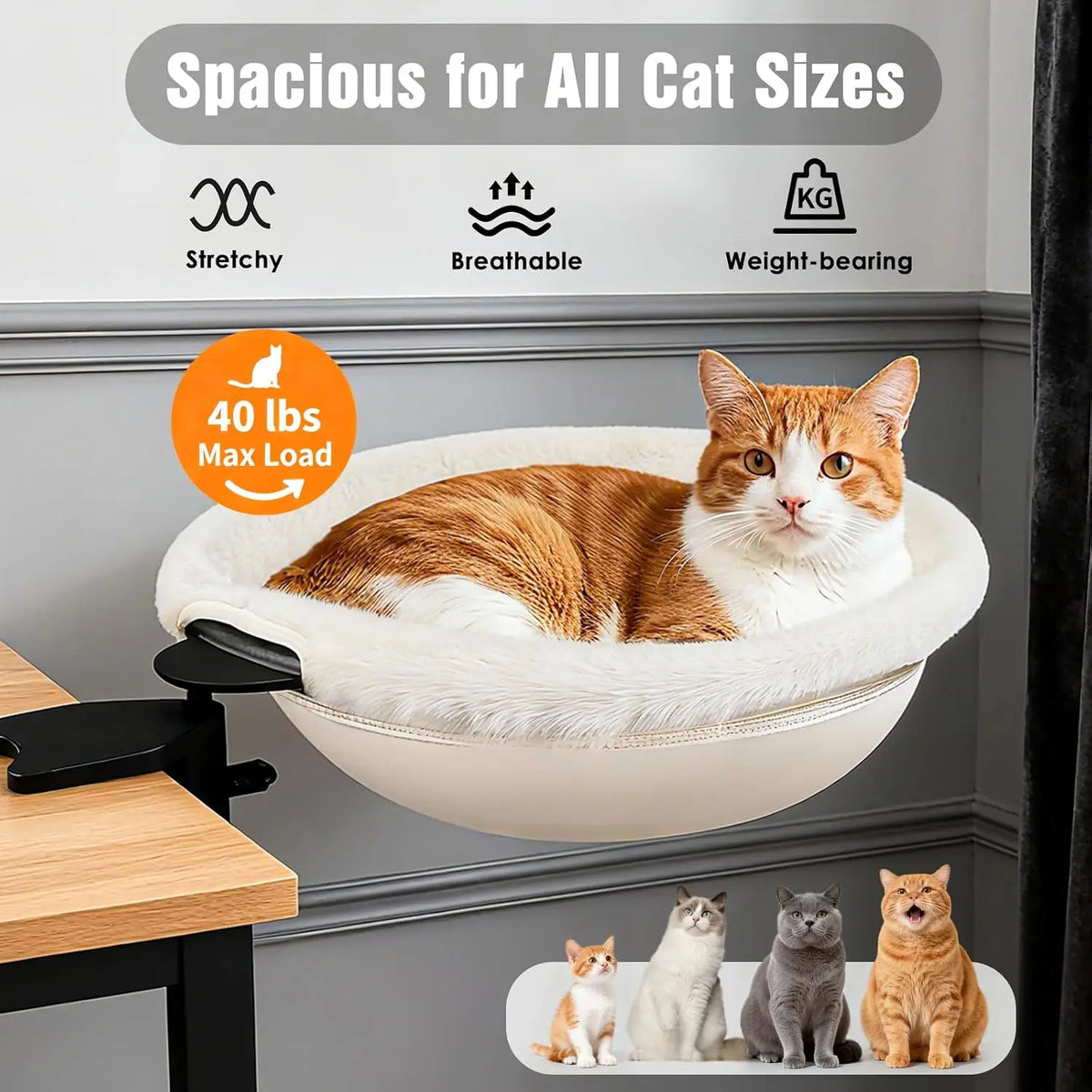Cat Desk Bed, 360° Adjustable Cat Window Perch, 40 lbs Load Bearing Breathable Washable Cat Hammock, No-Drill Mount Cat Bed for Desk, Window, Balcony and Home Office