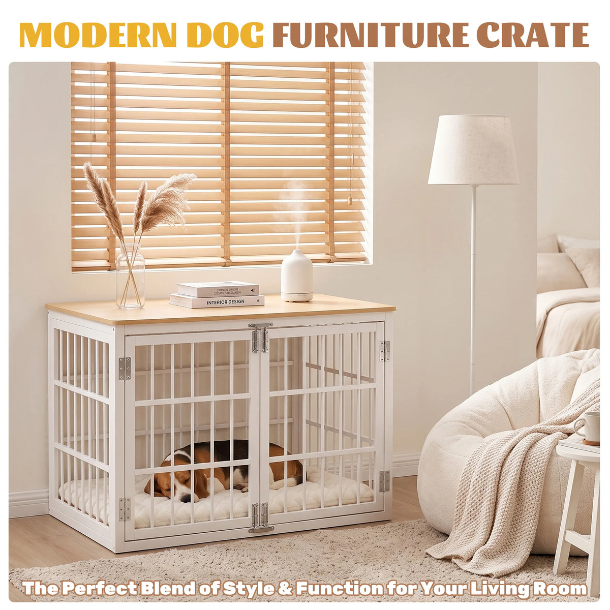 JHK 38 Inch Iron Wood Dog Cage with Double Lock Doors Heavy Duty Extra Large Pet Kennel for Indoor Outdoor Dog Kennel Furniture