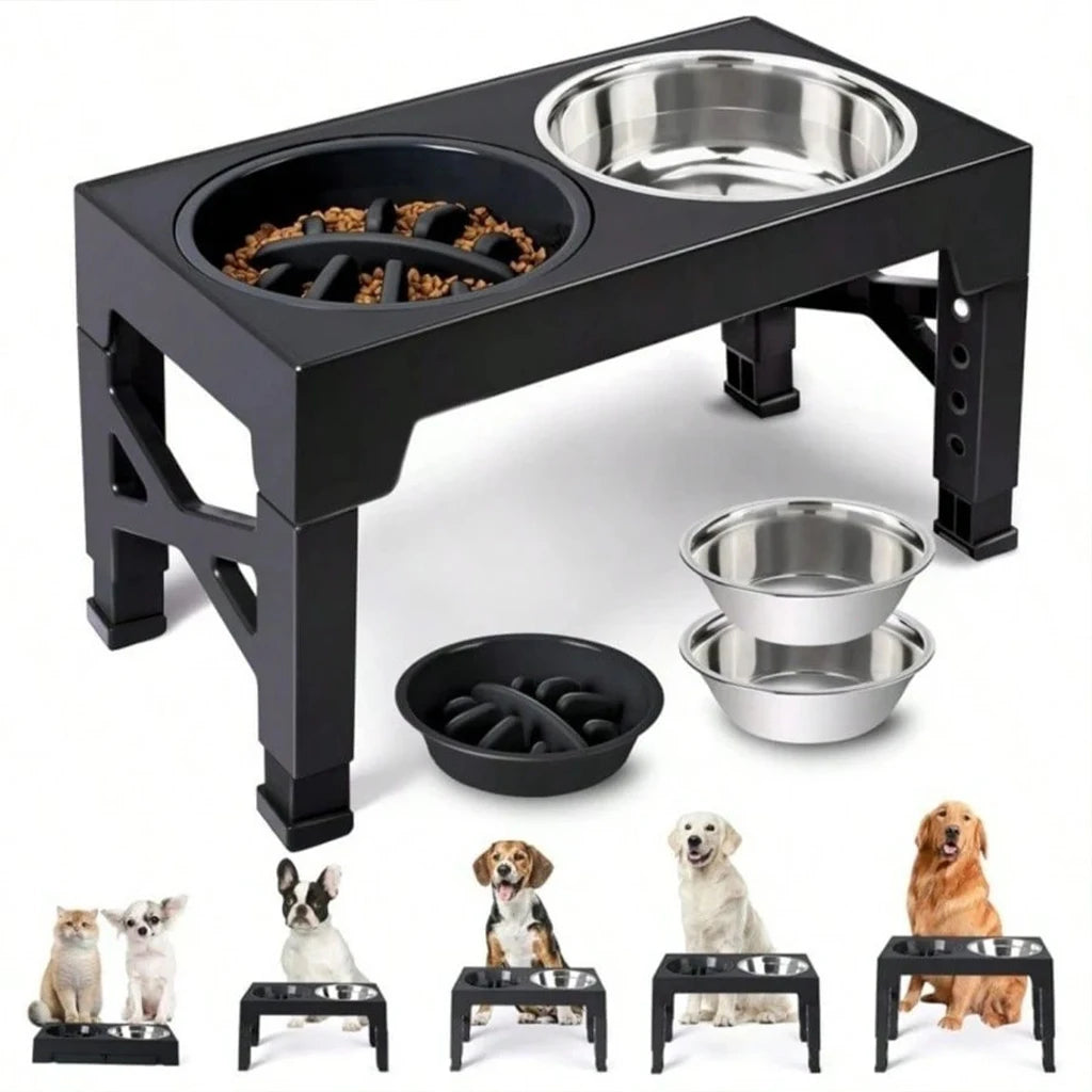 Elevated Dog Bowls and Stand Adjustable Height with Slow Feeder and a ball, Anti-Slip Raised Pet Feeder for Large Medium Small Dogs, Stainless Steel Water Food Dish Set