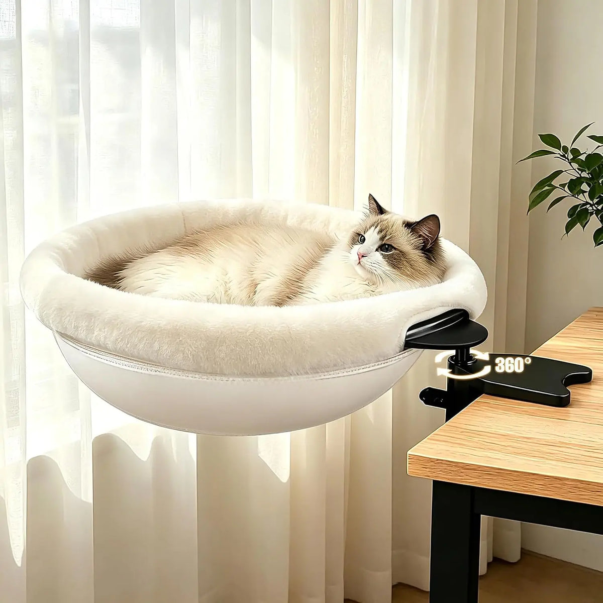 Cat Desk Bed, 360° Adjustable Cat Window Perch, 40 lbs Load Bearing Breathable Washable Cat Hammock, No-Drill Mount Cat Bed for Desk, Window, Balcony and Home Office