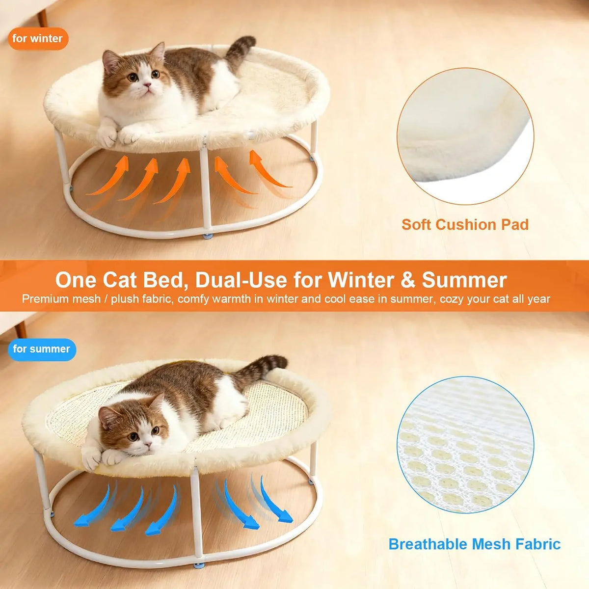 Elevated Cat Hammock Bed, All-Season Use for Large Cats and Small Dogs | Supports Up to 66 LBS with Iron Frame, Washable Dual-Si