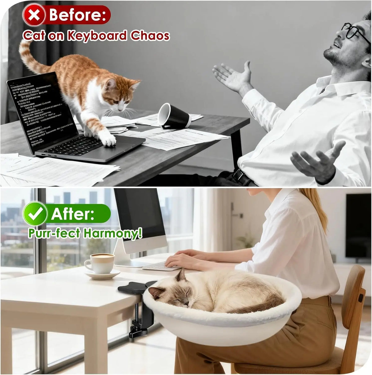 Cat Desk Bed, 360° Adjustable Cat Window Perch, 40 lbs Load Bearing Breathable Washable Cat Hammock, No-Drill Mount Cat Bed for Desk, Window, Balcony and Home Office