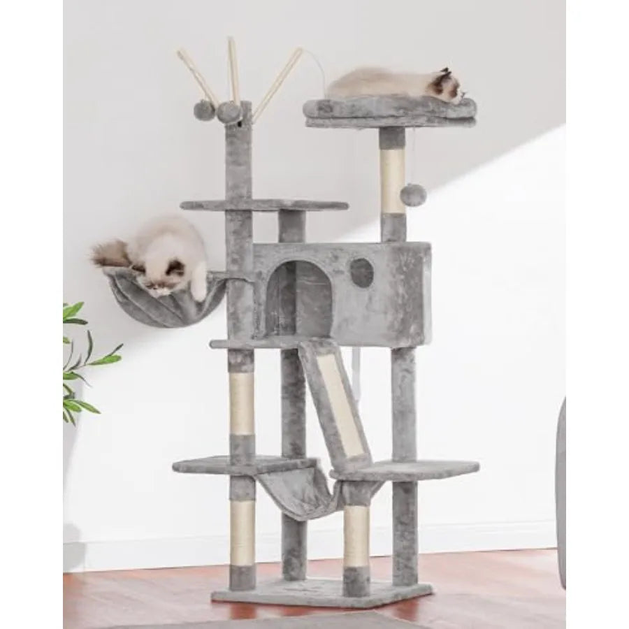 Cat Tree Tower for indoor use, plush fabric and wood, gray, multi-level design with padded platform bed and hammock for comfort