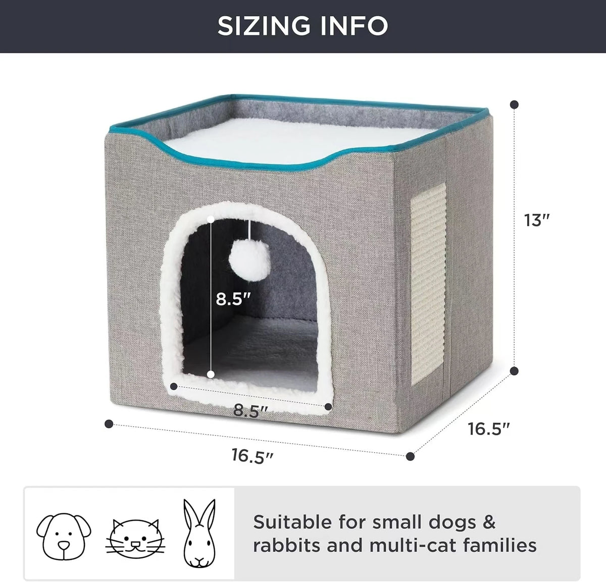 Cat Beds For Indoor Cats - Large Cat Cave For Pet Cat House With Fluffy Ball Hanging And Scratch Pad, Foldable Cat Hideaway, 16.5x16.5x13 Inches, Grey