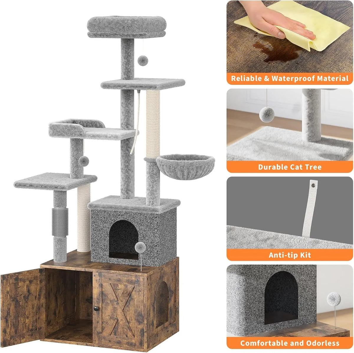 Tacleekii 55'' Multi Level Cat Tree with Litter Box Enclosure Sisal Scratching Post Multi‑Level Cat Tower Scratching Posts, Hammock, Condo & Perches for Indoor Cats