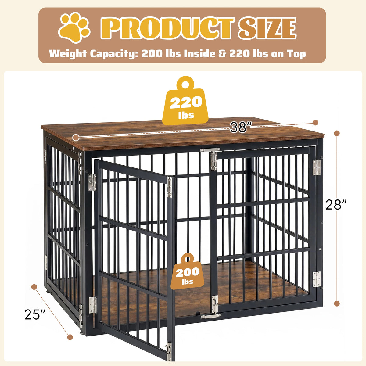 JHK 38 Inch Iron Wood Dog Cage with Double Lock Doors Heavy Duty Extra Large Pet Kennel for Indoor Outdoor Dog Kennel Furniture