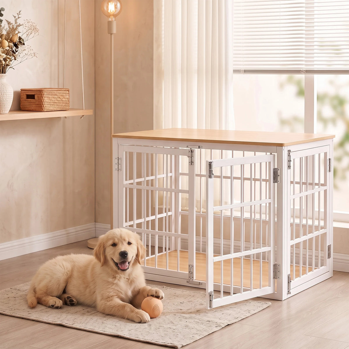 JHK 38 Inch Iron Wood Dog Cage with Double Lock Doors Heavy Duty Extra Large Pet Kennel for Indoor Outdoor Dog Kennel Furniture