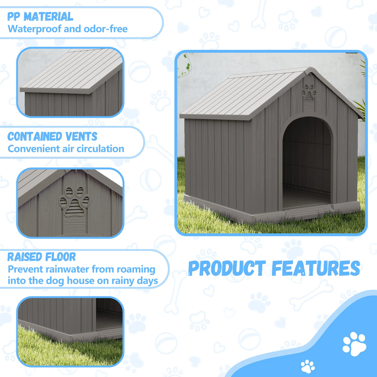 Outdoor Weather‑Resistant Plastic Dog House, Waterproof Ventilated Dog Kennel with Decorative Door Pattern for Backyard Garden Patio
