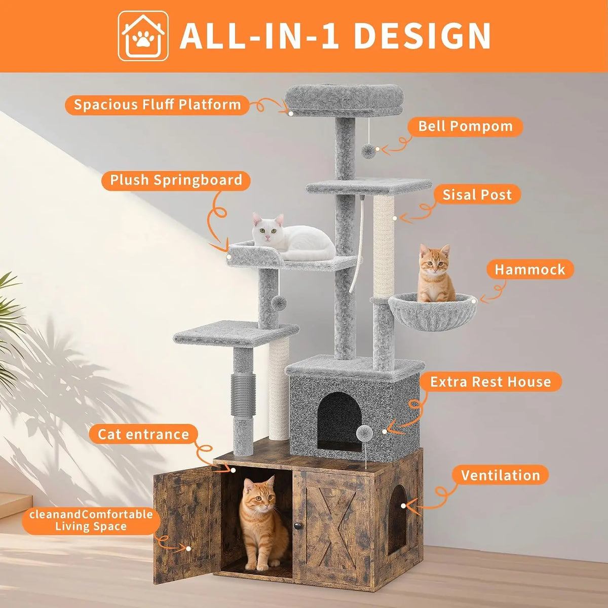 Tacleekii 55'' Multi Level Cat Tree with Litter Box Enclosure Sisal Scratching Post Multi‑Level Cat Tower Scratching Posts, Hammock, Condo & Perches for Indoor Cats