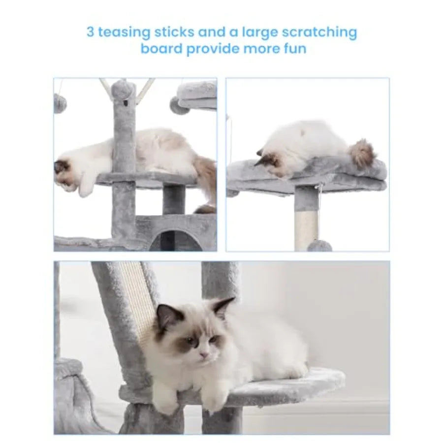 Cat Tree Tower for indoor use, plush fabric and wood, gray, multi-level design with padded platform bed and hammock for comfort