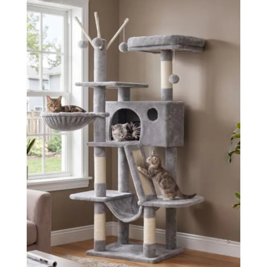 Cat Tree Tower for indoor use, plush fabric and wood, gray, multi-level design with padded platform bed and hammock for comfort