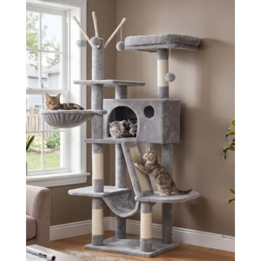 Cat Tree Tower for indoor use, plush fabric and wood, gray, multi-level design with padded platform bed and hammock for comfort