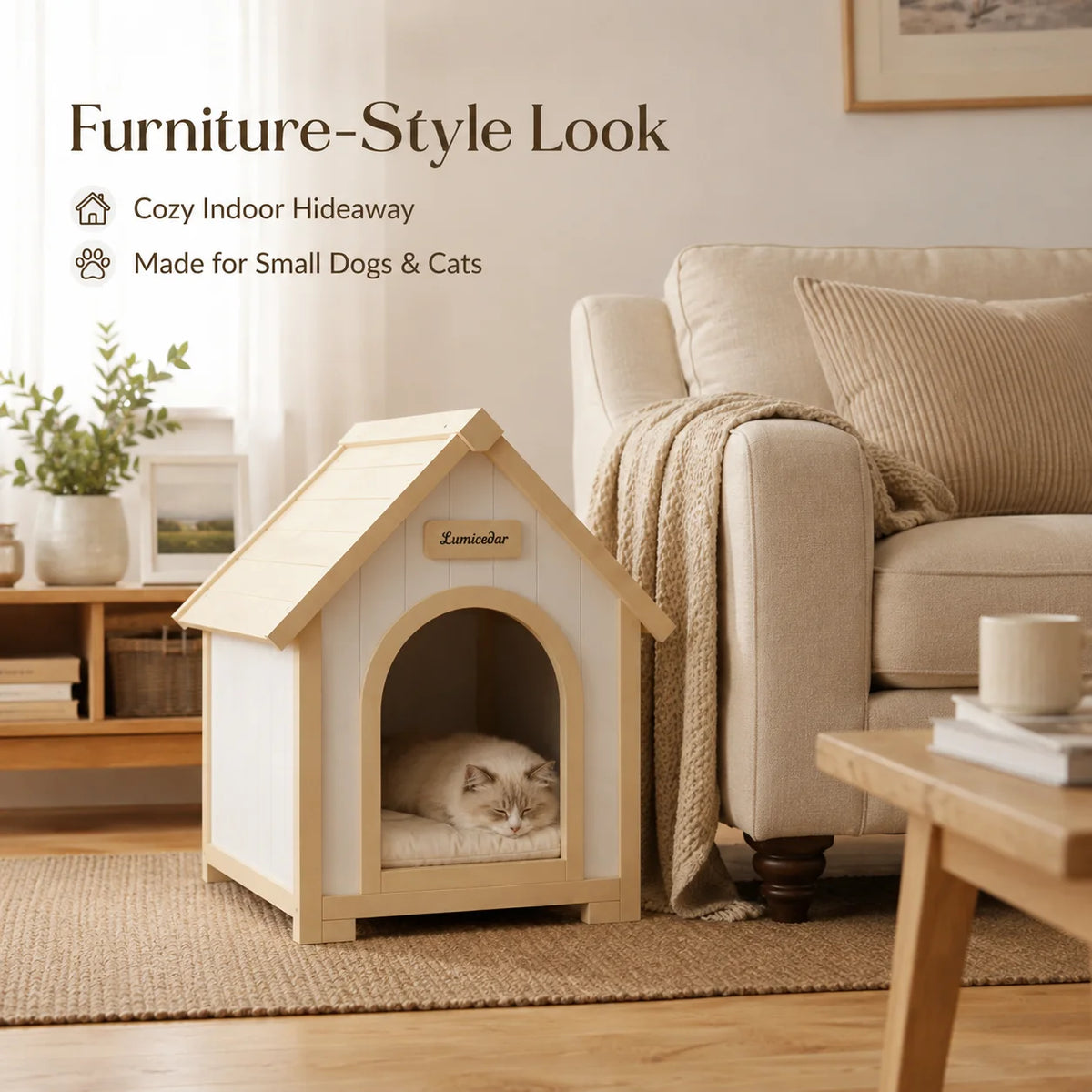 Indoor Wooden Dog House for Small Dogs and Cats Pet House with Cushion Modern Furniture Style Cozy Sleeping Shelter Home Decor