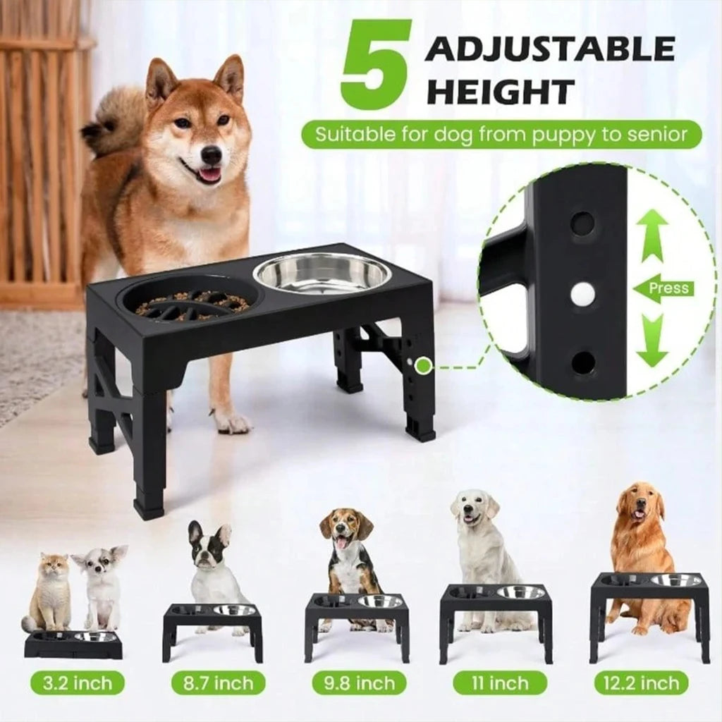 Elevated Dog Bowls and Stand Adjustable Height with Slow Feeder and a ball, Anti-Slip Raised Pet Feeder for Large Medium Small Dogs, Stainless Steel Water Food Dish Set