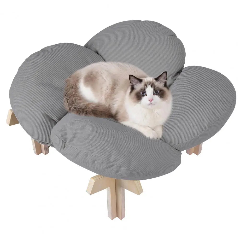Petal‑Shaped Elevated Wooden Cat Bed Sofa, Raised Pet Lounge Chair with Removable Fluffy Cushion 40lbs Capacity Cats Puppy