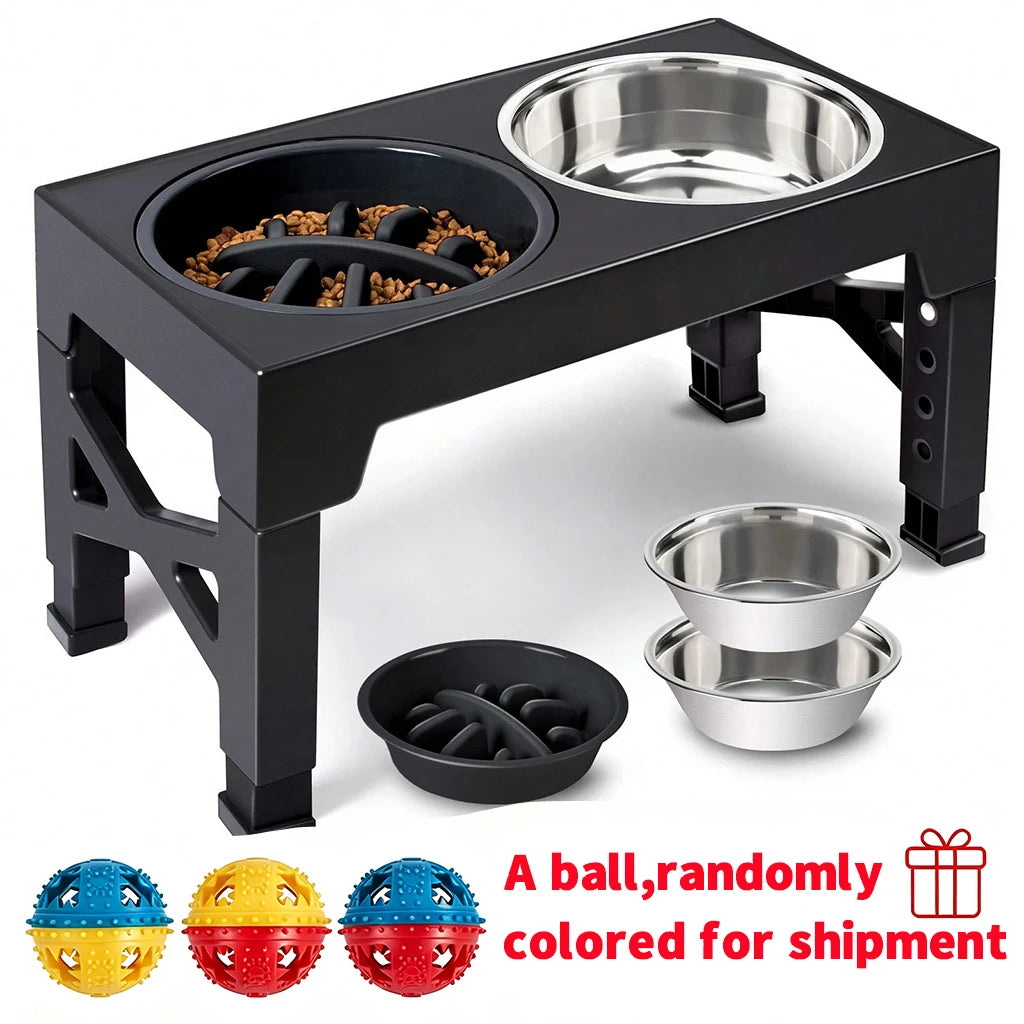 Elevated Dog Bowls and Stand Adjustable Height with Slow Feeder and a ball, Anti-Slip Raised Pet Feeder for Large Medium Small Dogs, Stainless Steel Water Food Dish Set