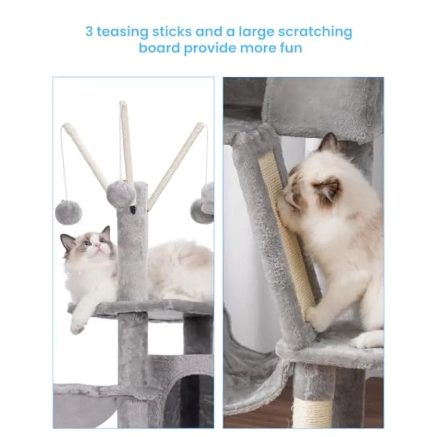 Cat Tree Tower for indoor use, plush fabric and wood, gray, multi-level design with padded platform bed and hammock for comfort