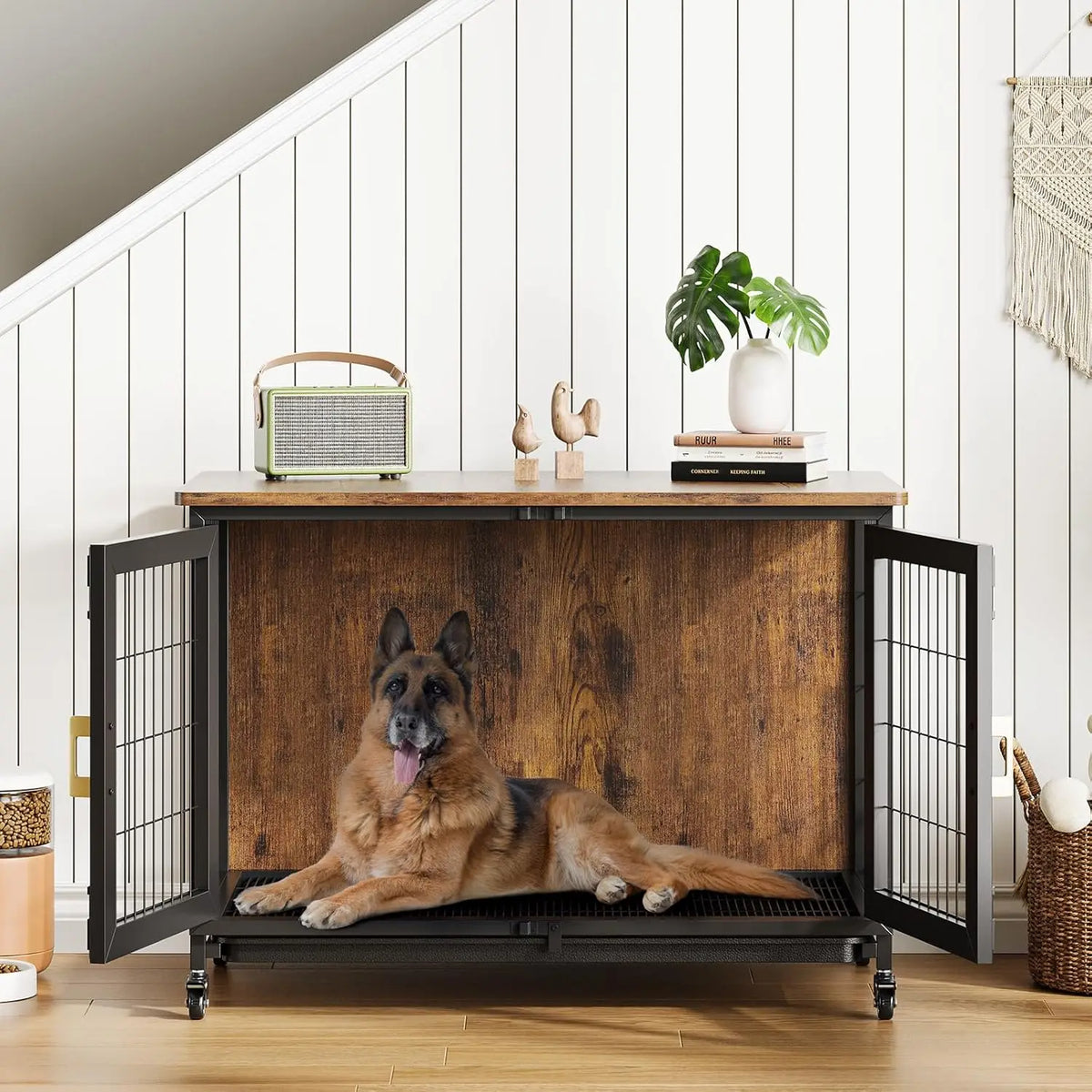 37.5 Inch Wooden Dog Crate Furniture with Wheels, Heavy Duty Steel Frame & Removable Tray, Rustic End Table for Medium Dogs up to 66 LBS, Lockable Casters for Easy Move