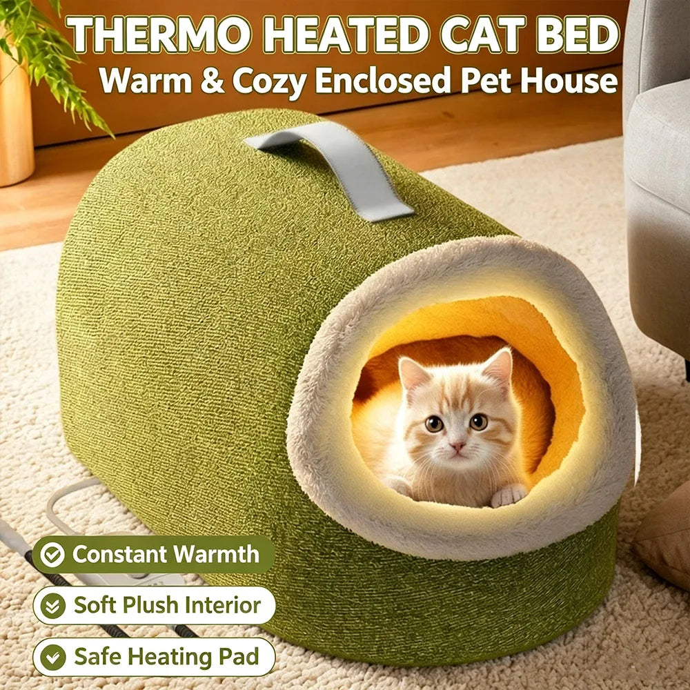 Heated Cat Bed Enclosed Pet House Winter Warm Auto‑Overheat Shut‑Off Resistant Thermal Sleeping Bed For Cats Small Dogs