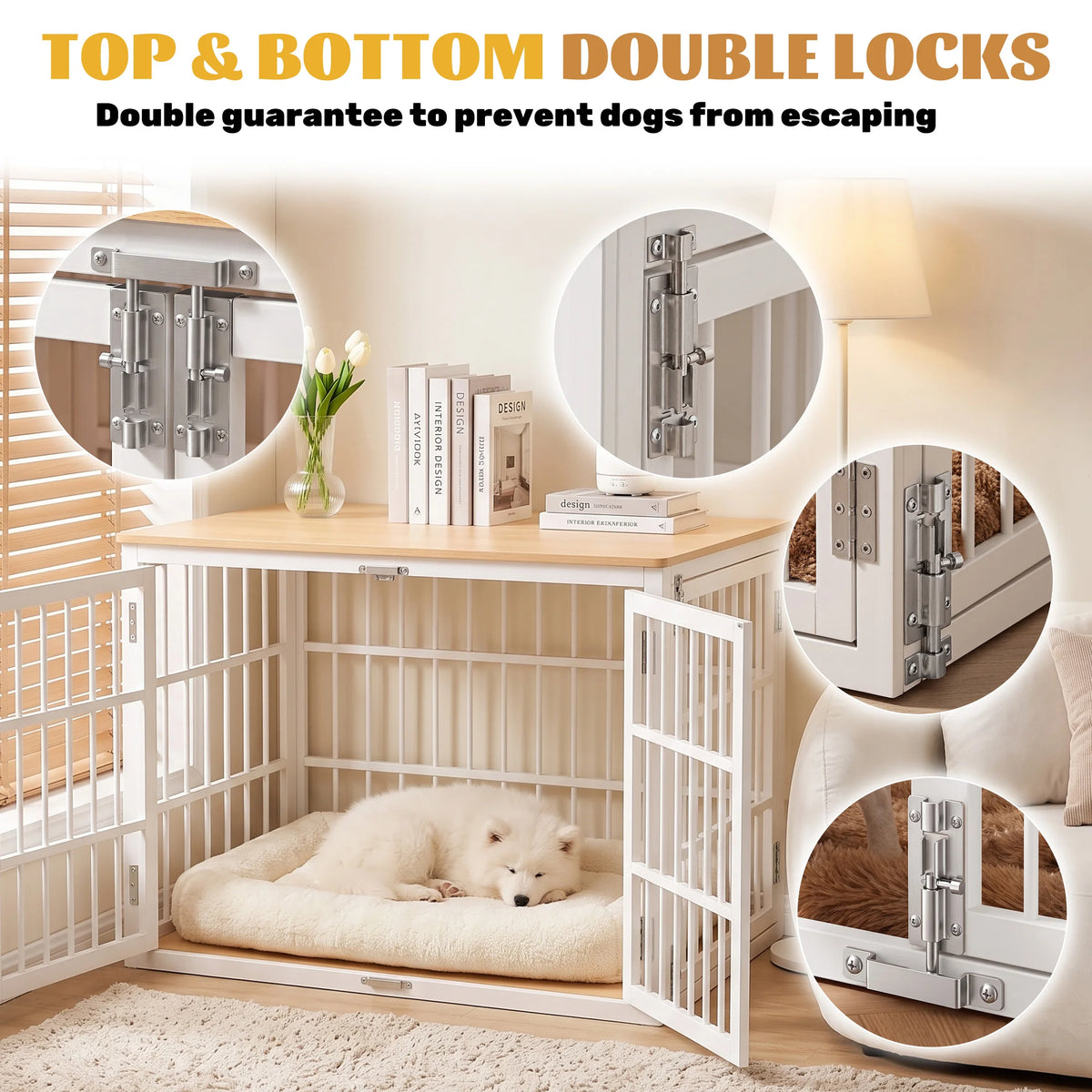 JHK 38 Inch Iron Wood Dog Cage with Double Lock Doors Heavy Duty Extra Large Pet Kennel for Indoor Outdoor Dog Kennel Furniture