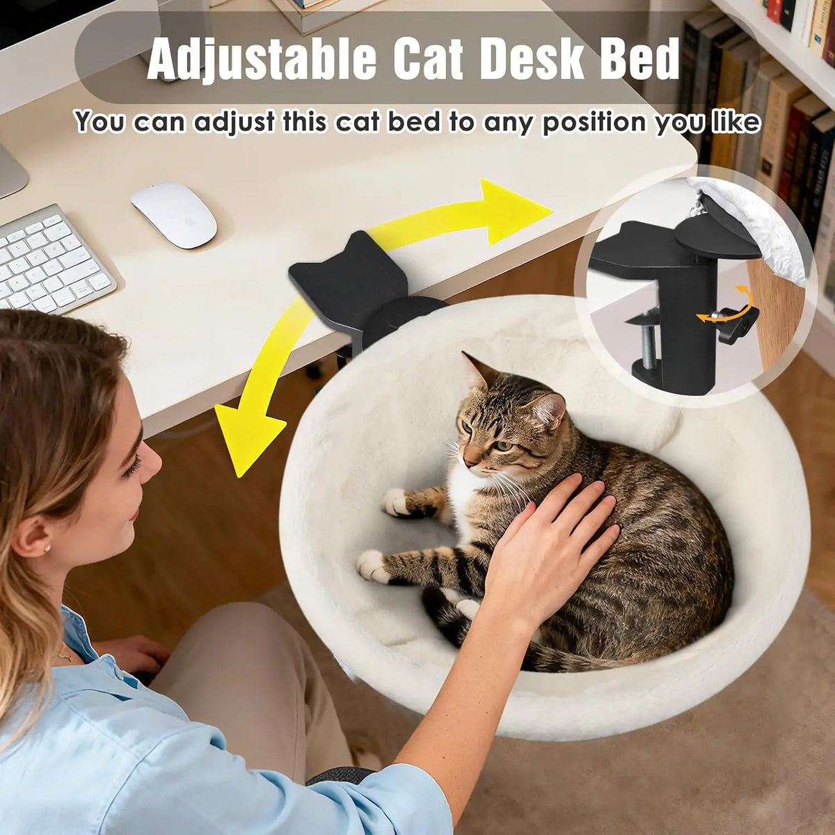 Cat Desk Bed, 360° Adjustable Cat Window Perch, 40 lbs Load Bearing Breathable Washable Cat Hammock, No-Drill Mount Cat Bed for Desk, Window, Balcony and Home Office