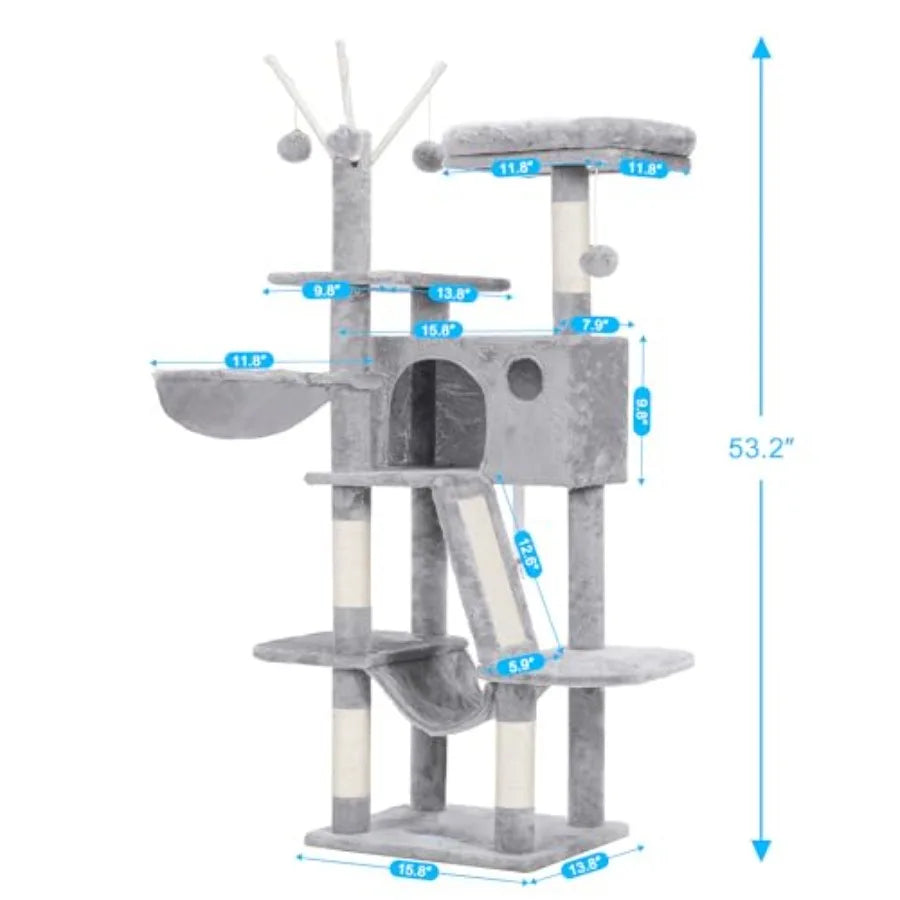 Cat Tree Tower for indoor use, plush fabric and wood, gray, multi-level design with padded platform bed and hammock for comfort