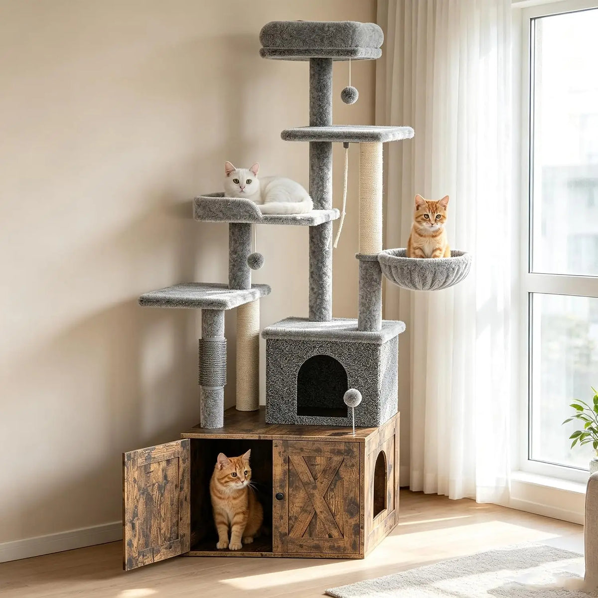 Tacleekii 55'' Multi Level Cat Tree with Litter Box Enclosure Sisal Scratching Post Multi‑Level Cat Tower Scratching Posts, Hammock, Condo & Perches for Indoor Cats